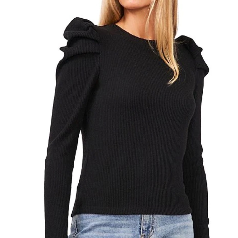 NWT Ribbed Black Crew Neck Long Puff Sleeve Top by Chelsea & Violet Size Medium